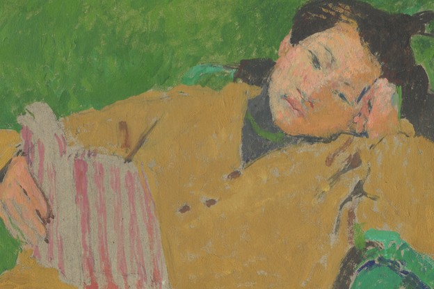 A painting of a dark-haired figure in a yellow jacket reading a pink-and-white-striped book