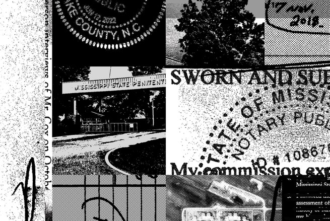 black and white collage of court documents, official seals, Mississippi State Penitentiary sign