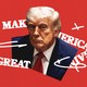 Donald Trump on a red background surrounded by the words Make America Great Again