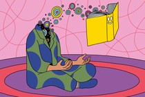 An illustration of a person sitting in a meditation position contemplating a happiness-producing book.