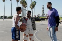 Jabari Banks as Will and Jordan L. Jones as Jazz on a basketball court