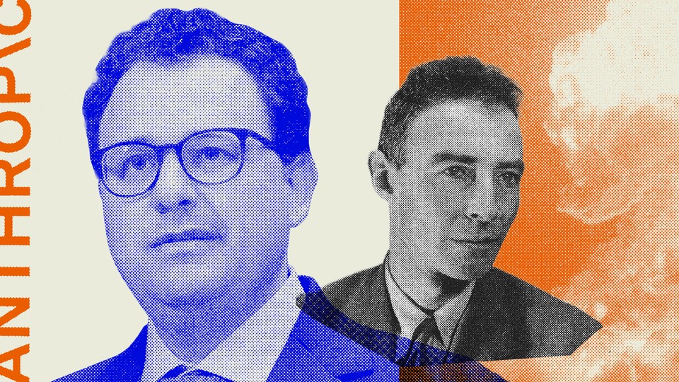 A collage that includes the faces of Dario Amodei and J. Robert Oppenheimer