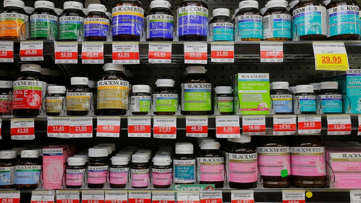 Shelves of vitamins and supplements