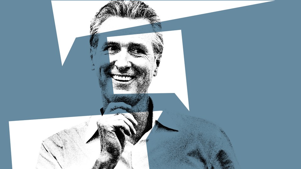 Illustration with square speech bubbles overlayed atop a black-and-white photograph of Gavin Newsom