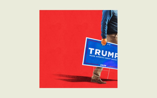 Illustration of man holding Trump Make America Great Again sign exiting a red square surrounded by a beige background