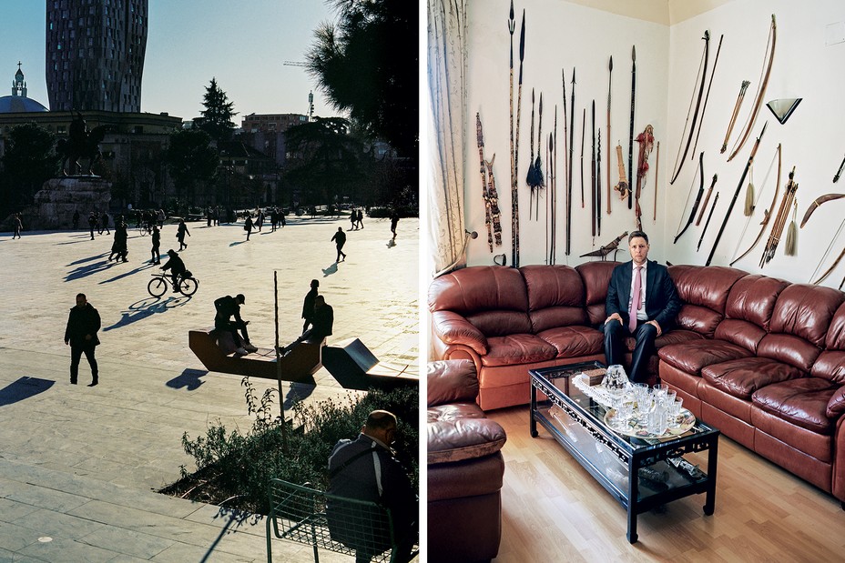 2 photos: a sunlit public plaza with people strolling and biking with mix of modern and traditional buildings; a man in suit and tie sits on large leather sectional sofa by coffee table with wall full of bows, arrows, and spears in background