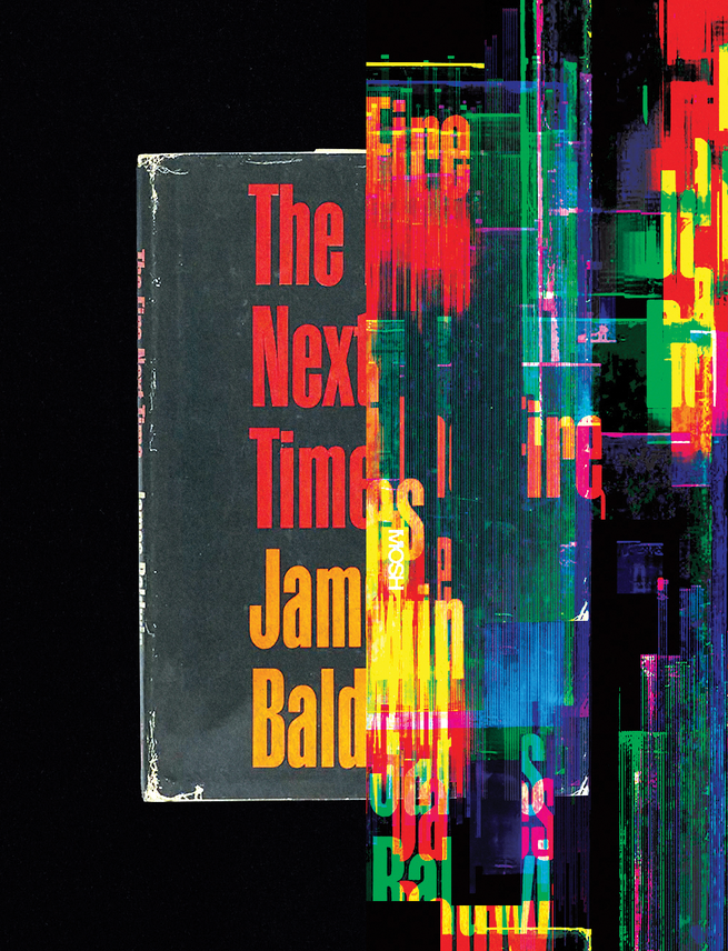 illustration with cover of book 'The Fire Next Time' disintegrating into digital noise on black background