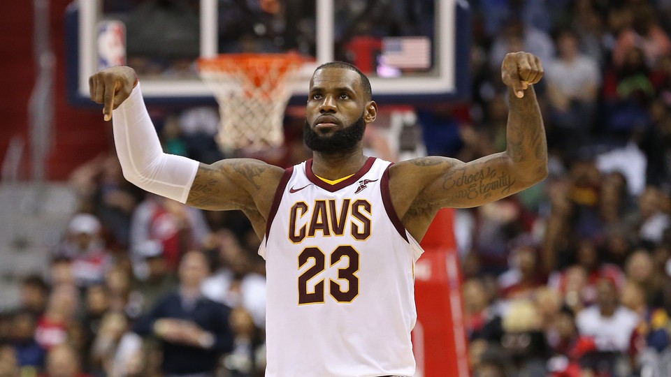 The Cleveland Cavaliers forward LeBron James gestures after scoring against the Washington Wizards