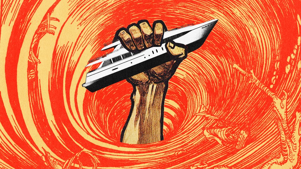 A hand emerges from a red-and-yellow whirlpool to grab a yacht.