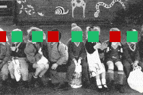 Illustration of kids with red and green squares covering their faces.