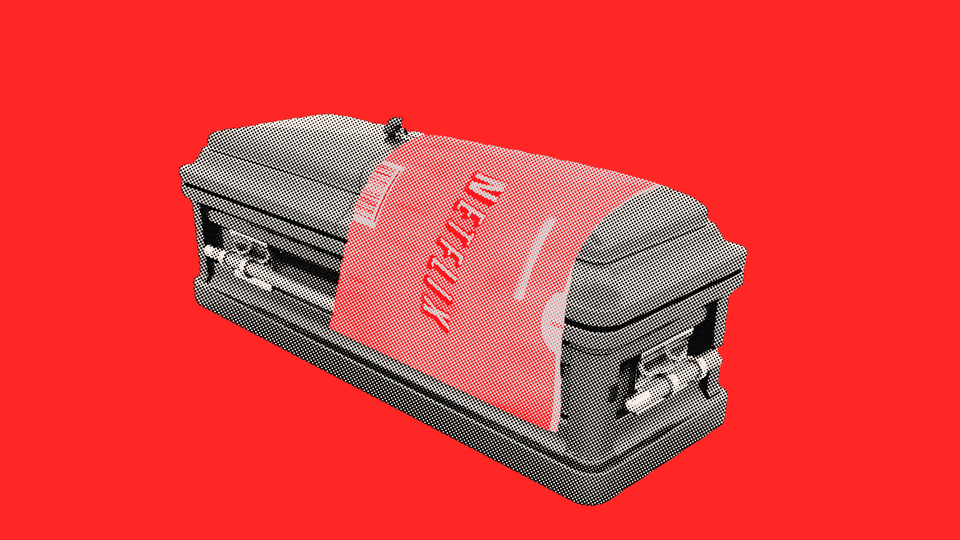 A red Netflix DVD envelope draped over a casket.