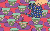 An illustration of a teapot pouring out tea into many cups.