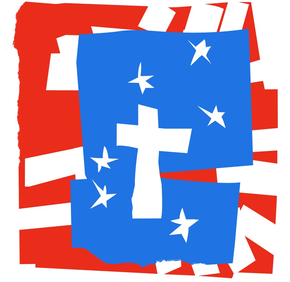illustration: white cross on blue background with 6 scattered stars, on top of jumbled white stripes on red background
