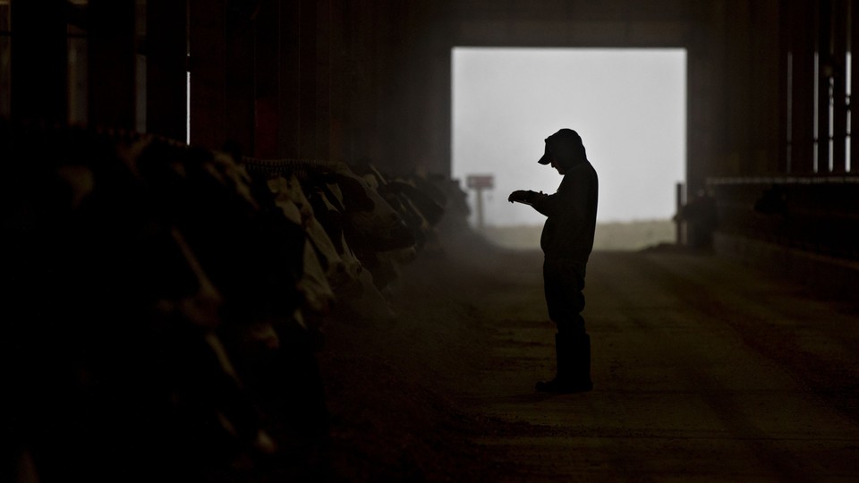 a silhouetted person in a barn