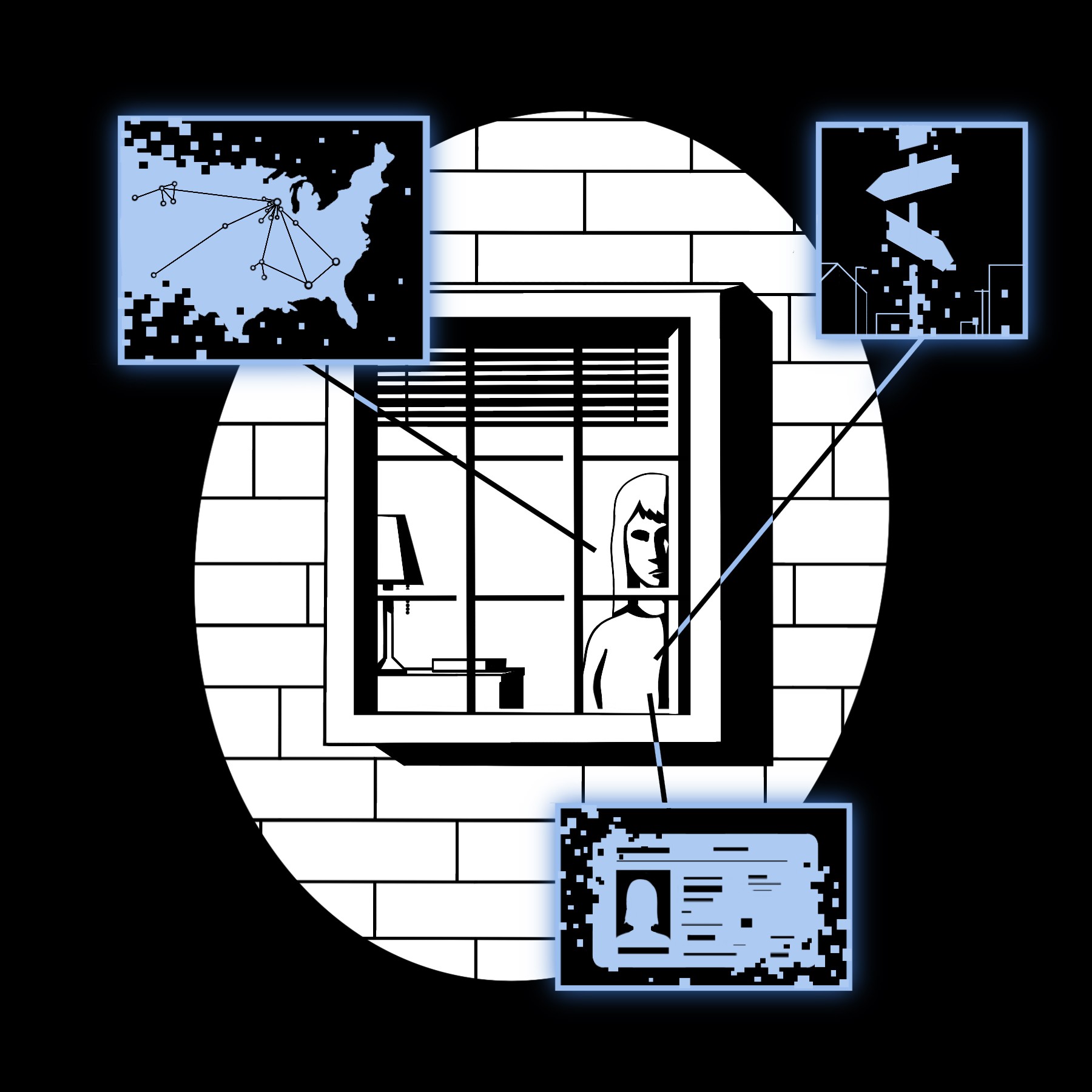 person in a window with personal location
data surrounding them
