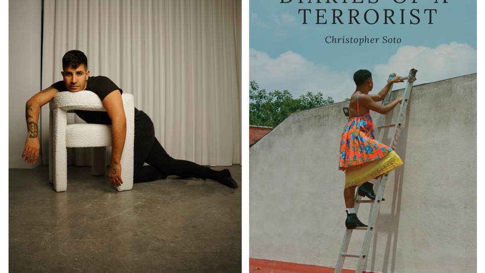 left: photo of poet Christopher Soto wearing a black T-shirt and black pants, draped over a white chair / right: cover of D