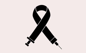 Illustration of a vaccine needle shaped into a cancer ribbon.