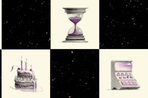 a checkerboard of starry night sky and various items: an hourglass, a melting birthday cake, a ticking clock, a comet, a space calculator