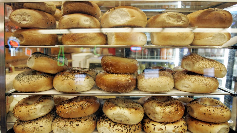Bagels in a display case
