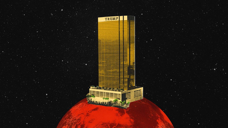 collage of trump tower placed on top of a planet in space