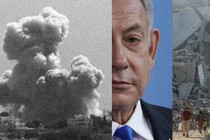 Triptych showing pictures of an explosion, Netanyahu, and building rubble