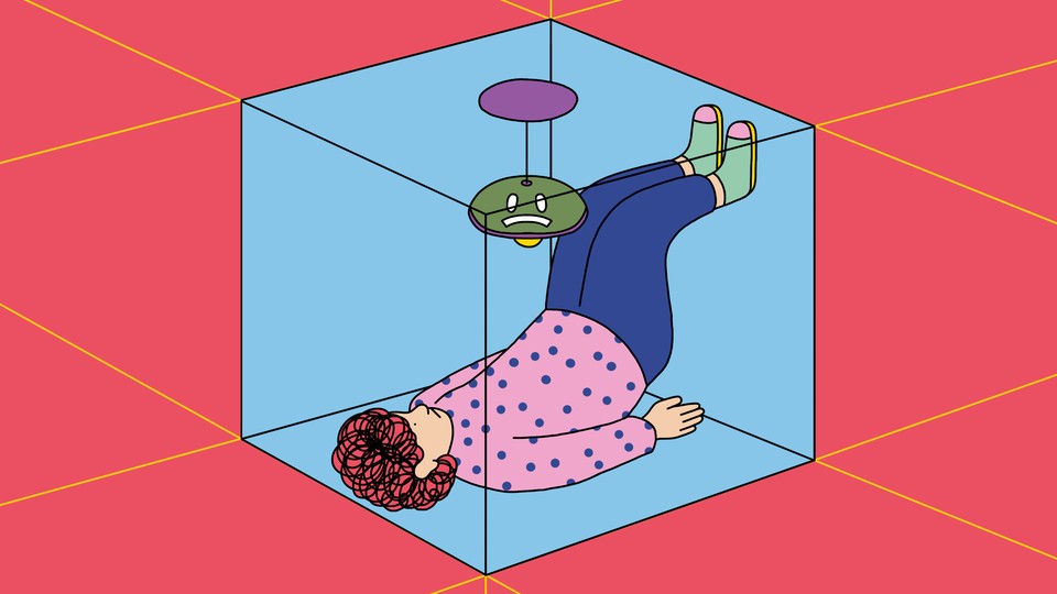 Illustration of a person lying on their back while trapped inside a transparent cube