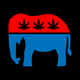 An illustration of a GOP elephant with cannabis leaves