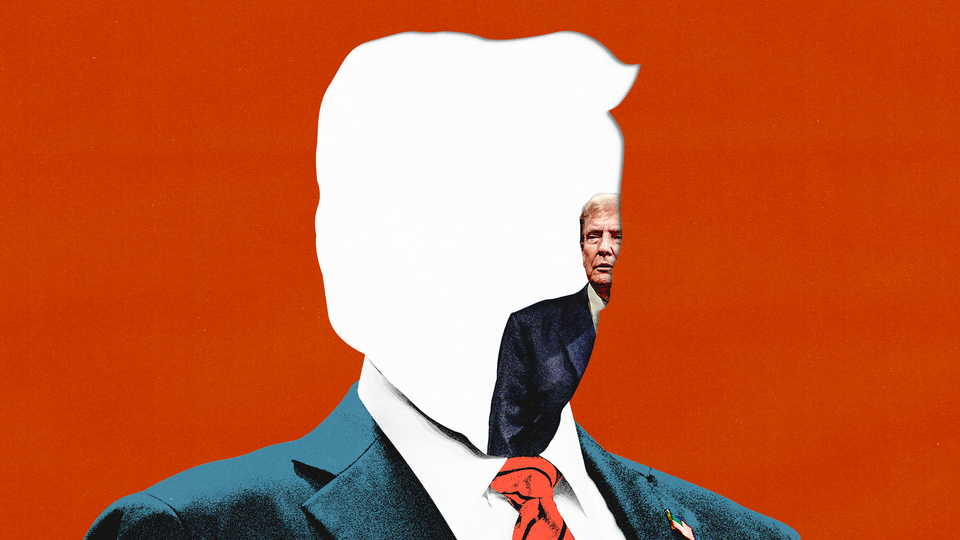 Graphic illustration showing a silhouette of Donald Trump, the head filled with a faraway photo of Trump looking clueless.