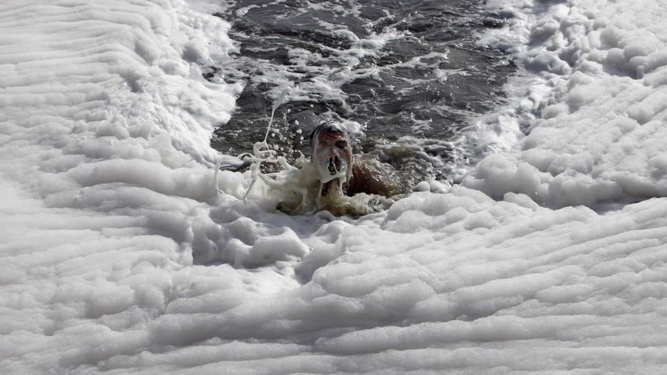 A white foam of chemical pollution blankets New Delhi's Yamuna river.