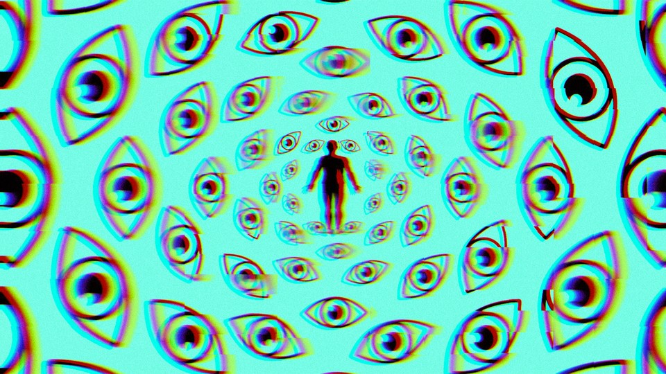 Graphic illustration of line-drawn eyes spiraling outward around a human silhouette in the distance.