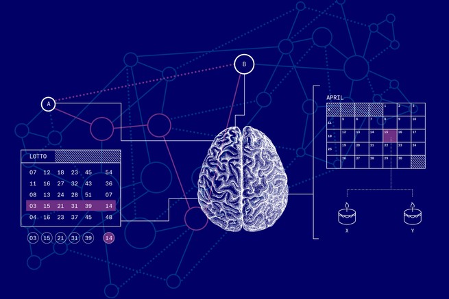Illustration depicting a brain connecting different pieces of data, including lotto numbers and birthdates.