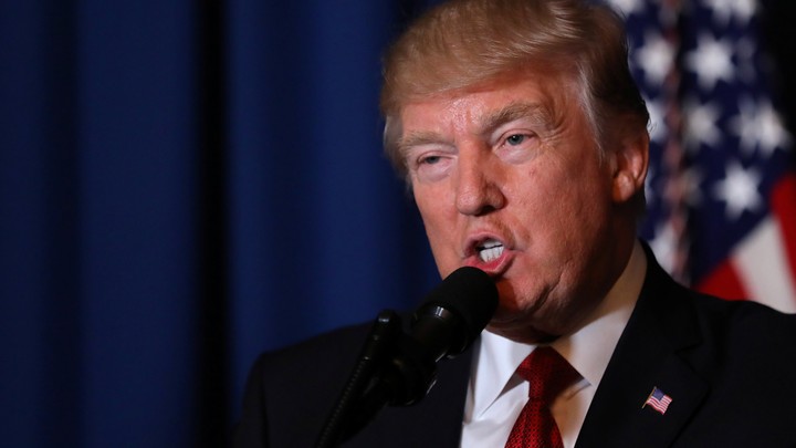 President Donald Trump arrives to deliver a statement about missile strikes on a Syrian airfield.