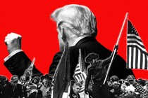 Donald Trump raises his fist in the air, and rioters raise American flags.