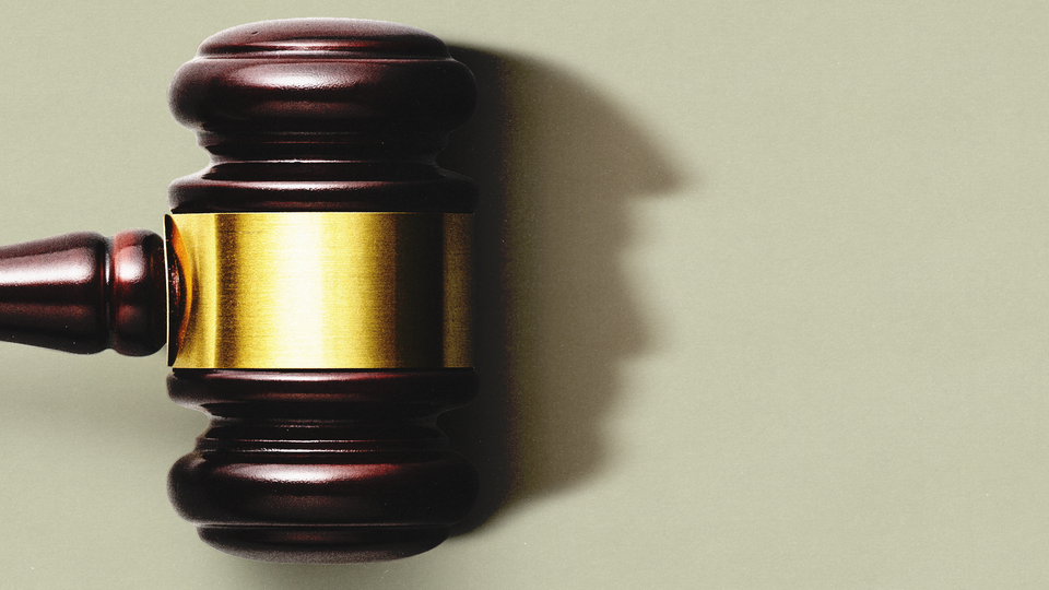 Graphic illustration with image of a judge's gavel casting a shadow shaped like Donald Trump's profile.