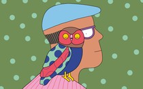 An illustration of an older person looking at an owl sitting on their shoulder