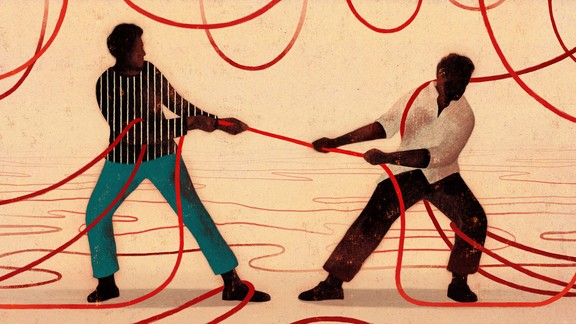 Illustration showing two men facing each other and trying to pull a long, tangled red rope towards themselves