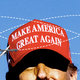 An illustration of the top half of Donald Trump's head, wearing a red MAGA hat, with two missiles, a drone, and a fighter jet circling his head.