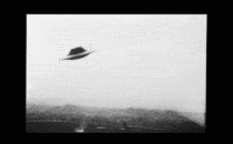 A short animation of a UFO, in the shape of a flying saucer, skipping around the sky