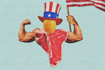 An illustration of a raw T-bone steak with flexed muscly arms and an egg for a head, waving an American flag and wearing an American-flag-themed hat