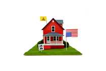 A red toy house on turf with an upside down American flag, J4J6, and a 'Don't Tread on Me' sign on top and in the yard.