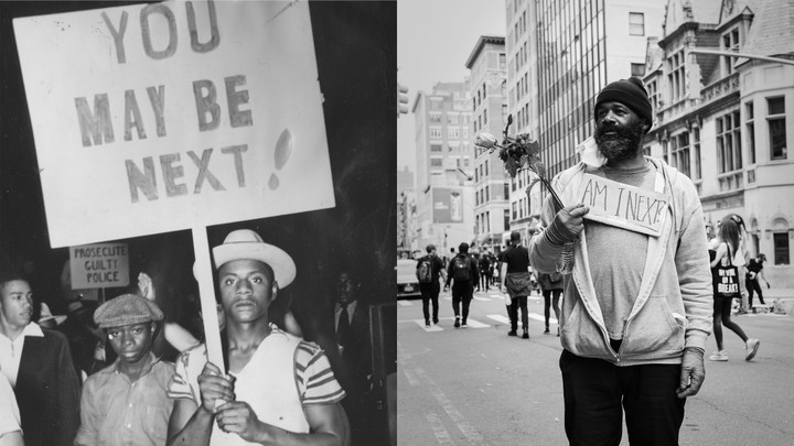 Two photos of protesters