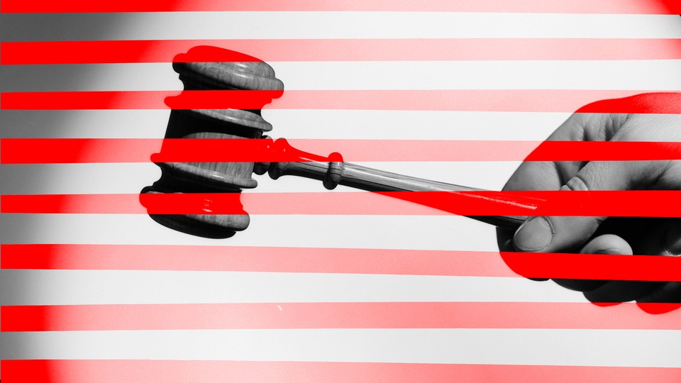 A photo illustration of a judge's gavel, layered over with red stripes