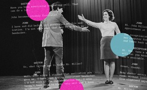 Two people stand on stage acting with script text superimposed over the scene.
