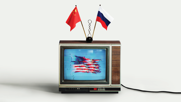 illustration with old-fashioned cathode-ray TV set with Russian and Chinese flags as its antennae, tuning in to a distorted image of the American flag