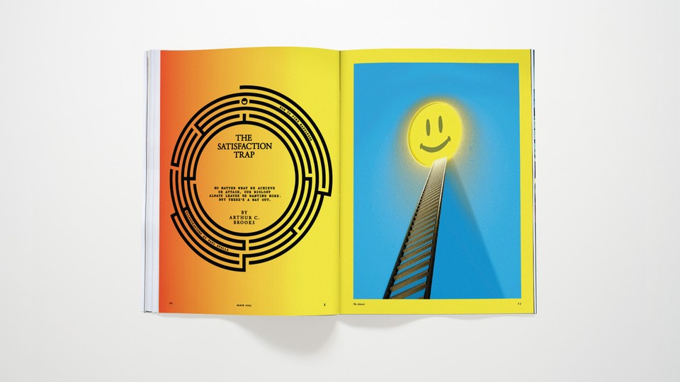 photo of May 2022 Atlantic magazine opened to "The Satisfaction Trap" with illustration of ladder leading to happy face