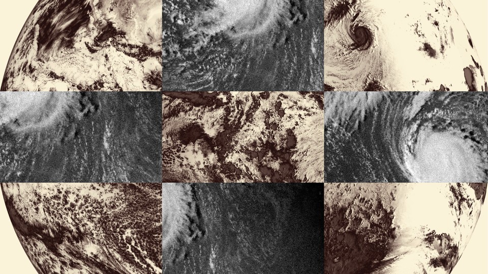 An illustration featuring a collection of images of Hurricane Milton as seen from outer space, in muted colors
