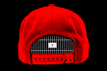 A red baseball cap with a jail cell in the space at its rear