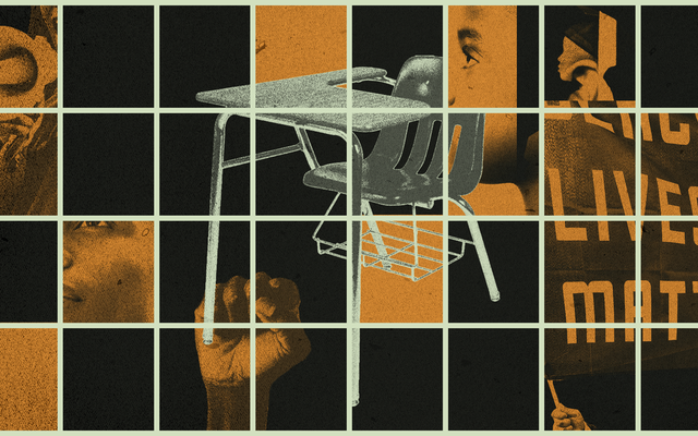 An illustration of a classroom and Black Lives Matter sign.