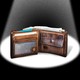 Illustration of an open brown wallet under a spotlight against a black background