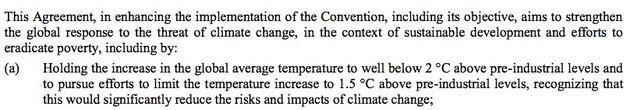 This Agreement, in enhancing the implementation of the Convention, including its objective, aims to strengthen the global response to the threat of climate change, in the context of sustainable development and efforts to eradicate poverty, including by:
(a) Holding the increase in the global average temperature to well below 2 °C above pre-industrial levels and to pursue efforts to limit the temperature increase to 1.5 °C above pre-industrial levels, recognizing that this would significantly reduce the risks and impacts of climate change;